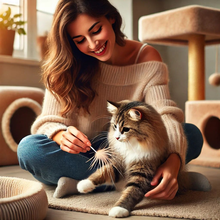 A playful cat is having a blast with a toy in a cozy indoor setting. There’s a scratching post, a soft cat bed, and warm home decor.