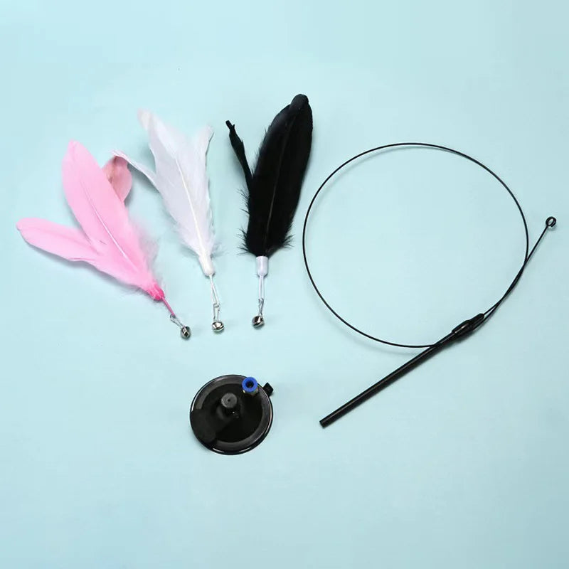 Interactive Cat Feather Wand Toy Kitten Play Set with Suction Cup & 2 Feather Replacements