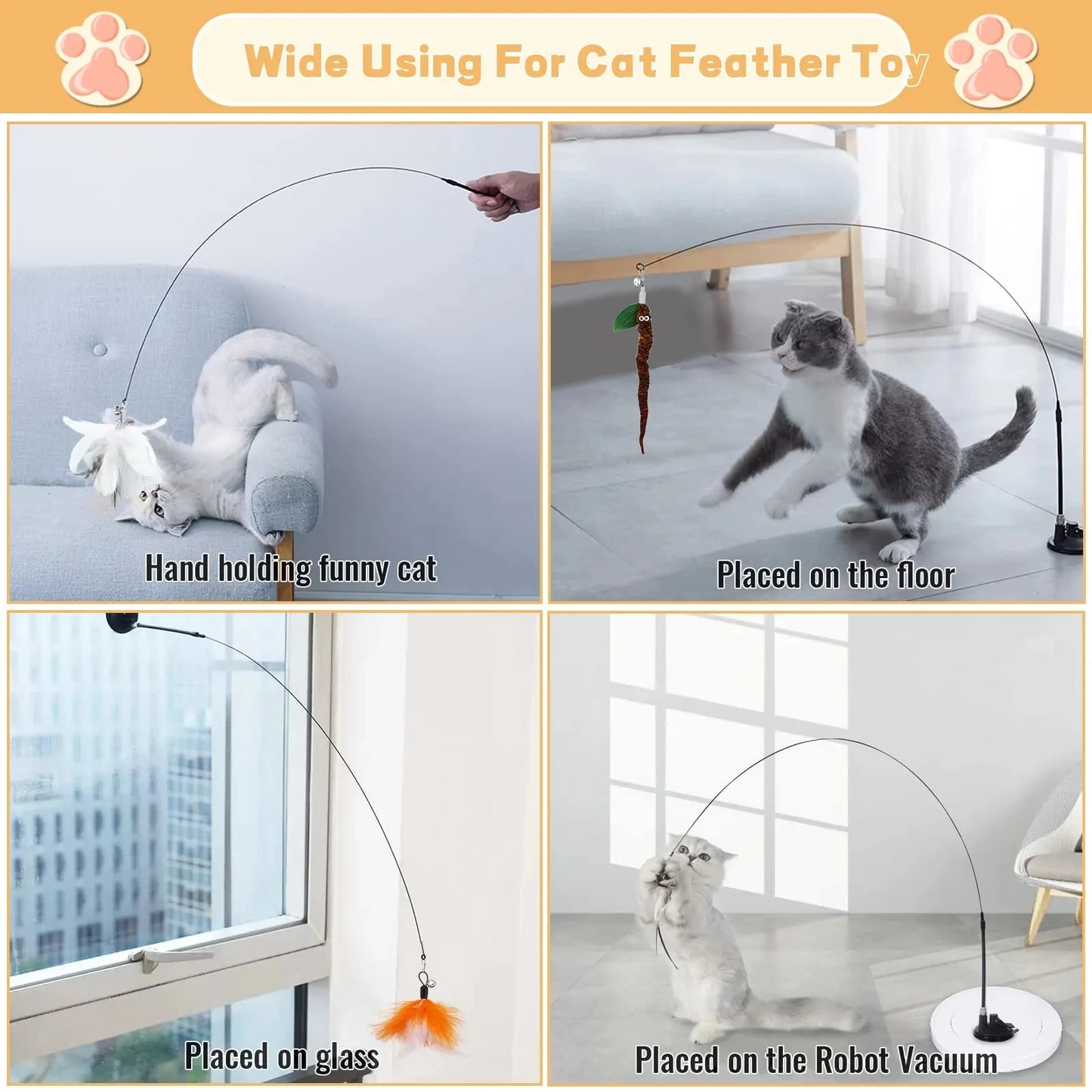 Interactive Cat Feather Wand Toy Kitten Play Set with Suction Cup & 2 Feather Replacements