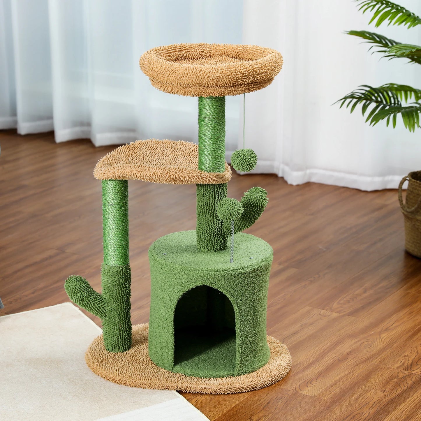 Festive Cat Scratching Post Cactus Tree Tower with Sisal Rope Cat Climbing Frame and Christmas Decorations