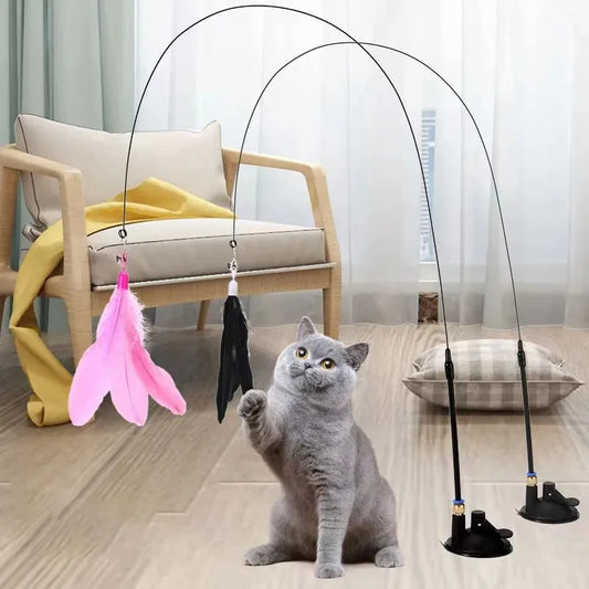 Interactive Cat Feather Wand Toy Kitten Play Set with Suction Cup & 2 Feather Replacements