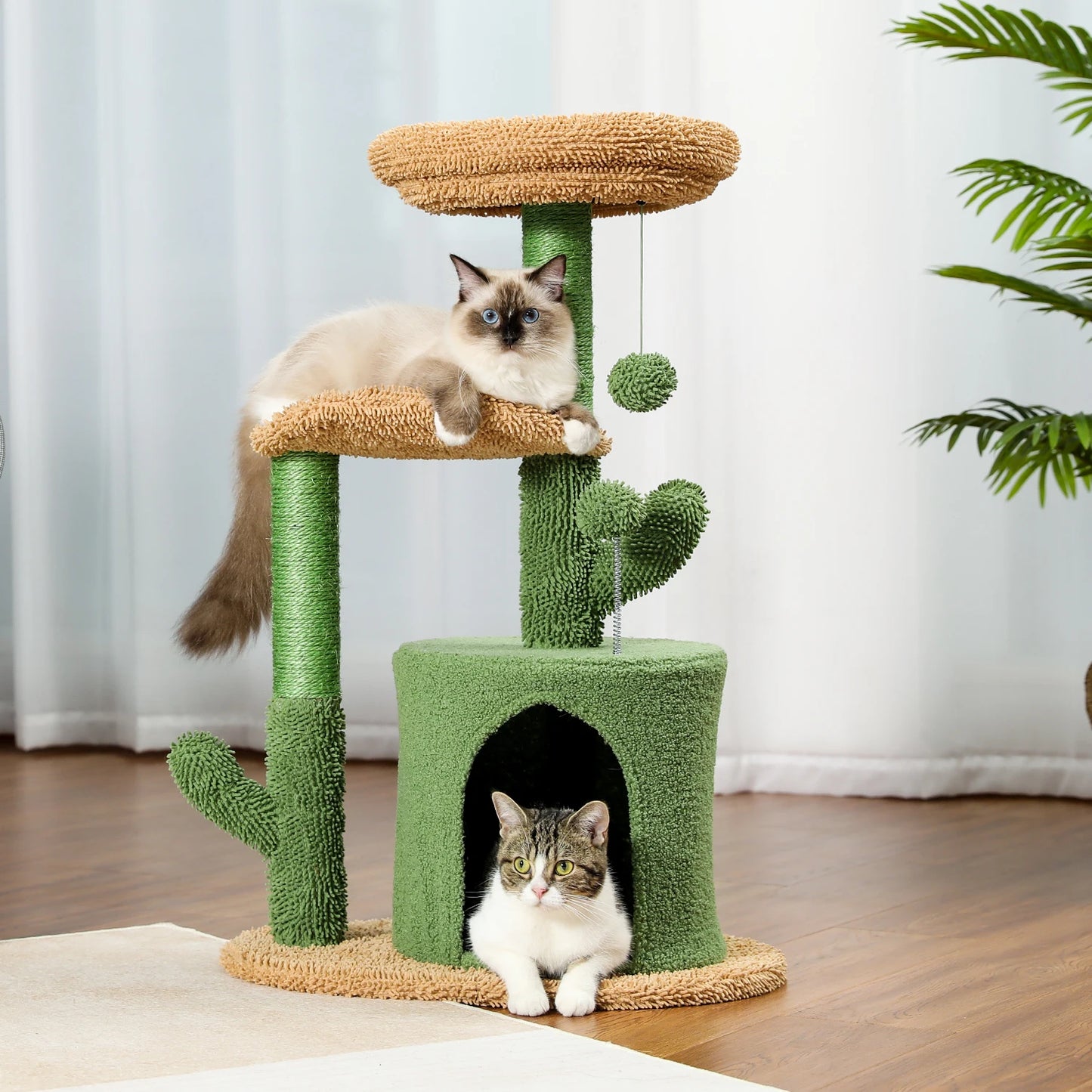 Festive Cat Scratching Post Cactus Tree Tower with Sisal Rope Cat Climbing Frame and Christmas Decorations