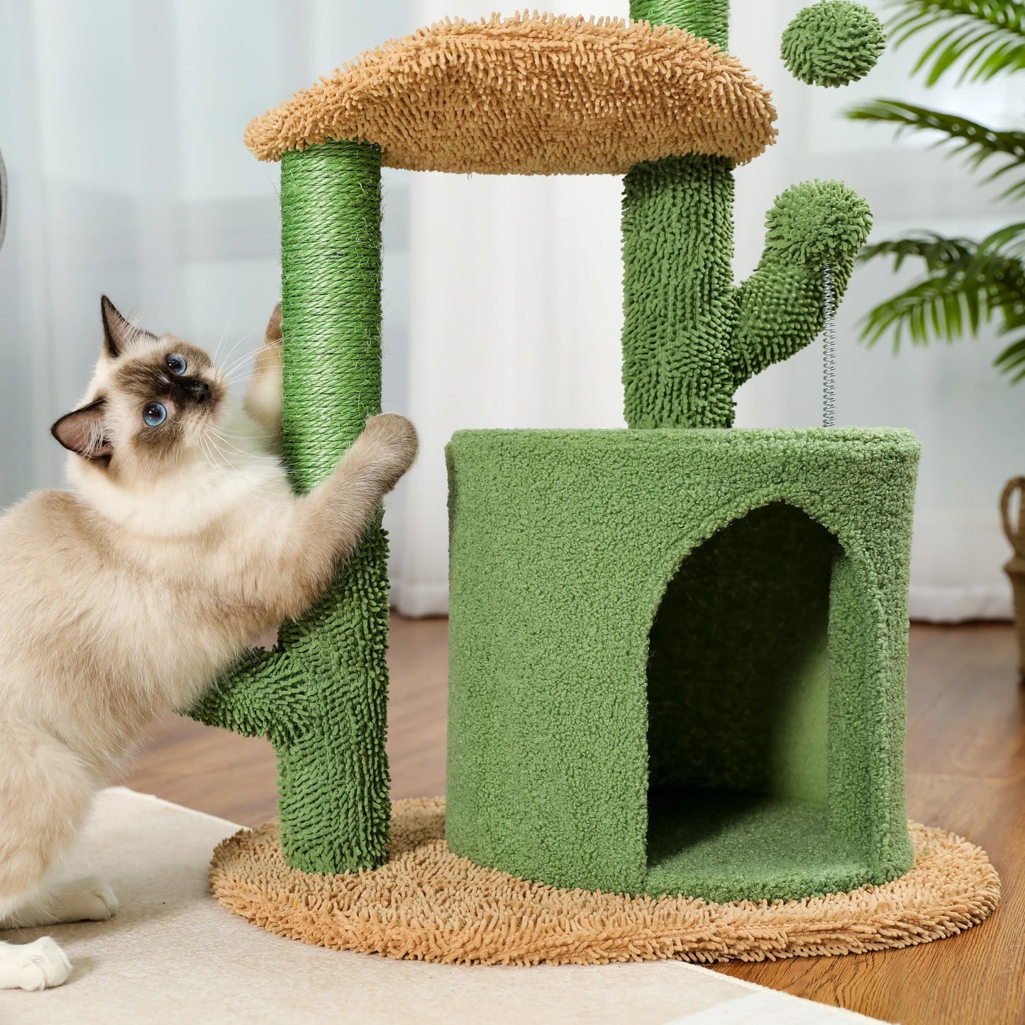 Festive Cat Scratching Post Cactus Tree Tower with Sisal Rope Cat Climbing Frame and Christmas Decorations