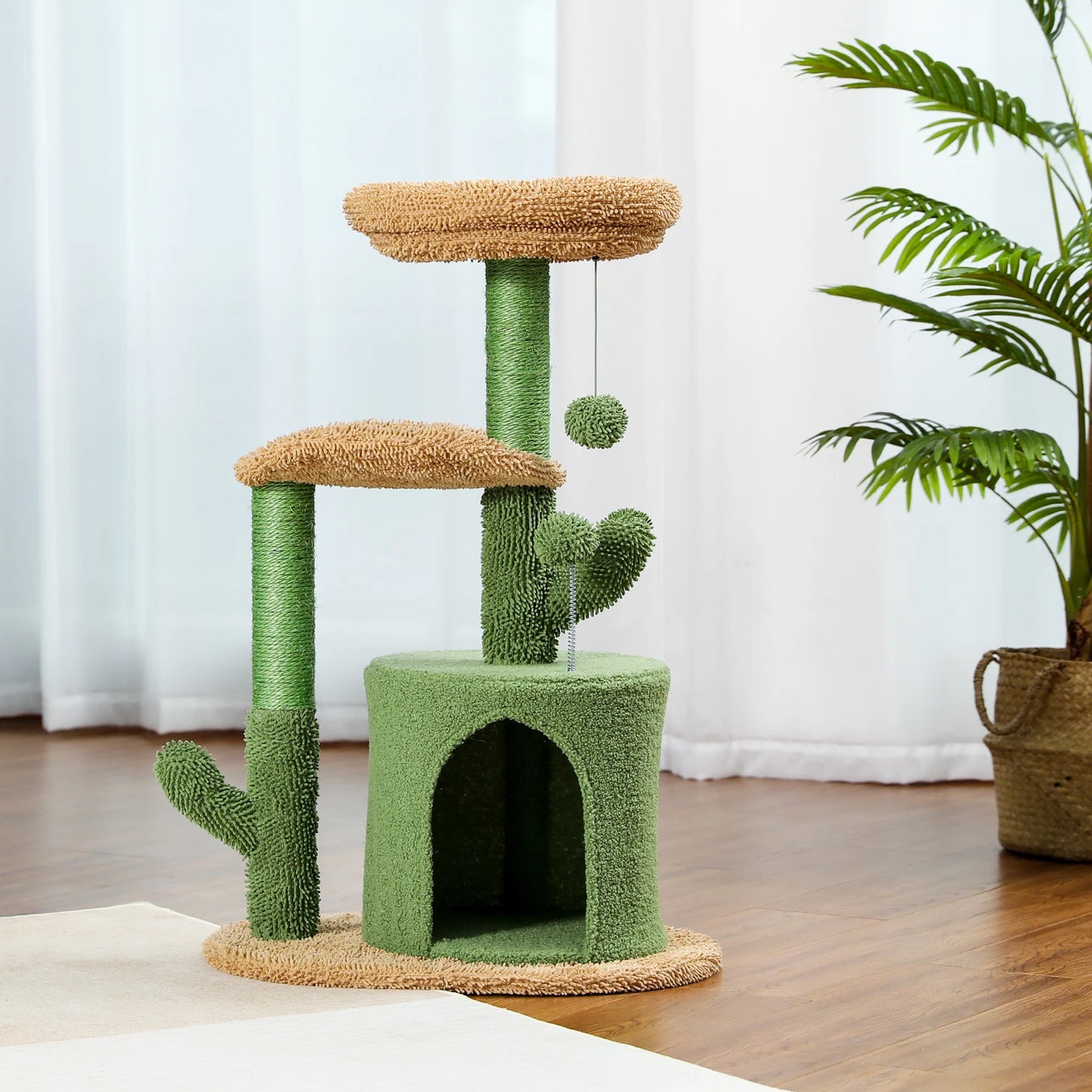 Festive Cat Scratching Post Cactus Tree Tower with Sisal Rope Cat Climbing Frame and Christmas Decorations