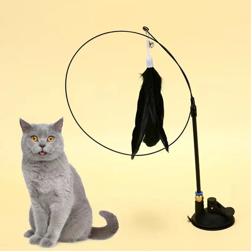 Interactive Cat Feather Wand Toy Kitten Play Set with Suction Cup & 2 Feather Replacements