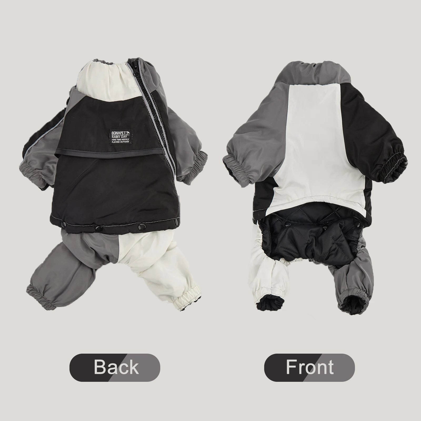 White, grey and black dog winter jacket view of both front and back