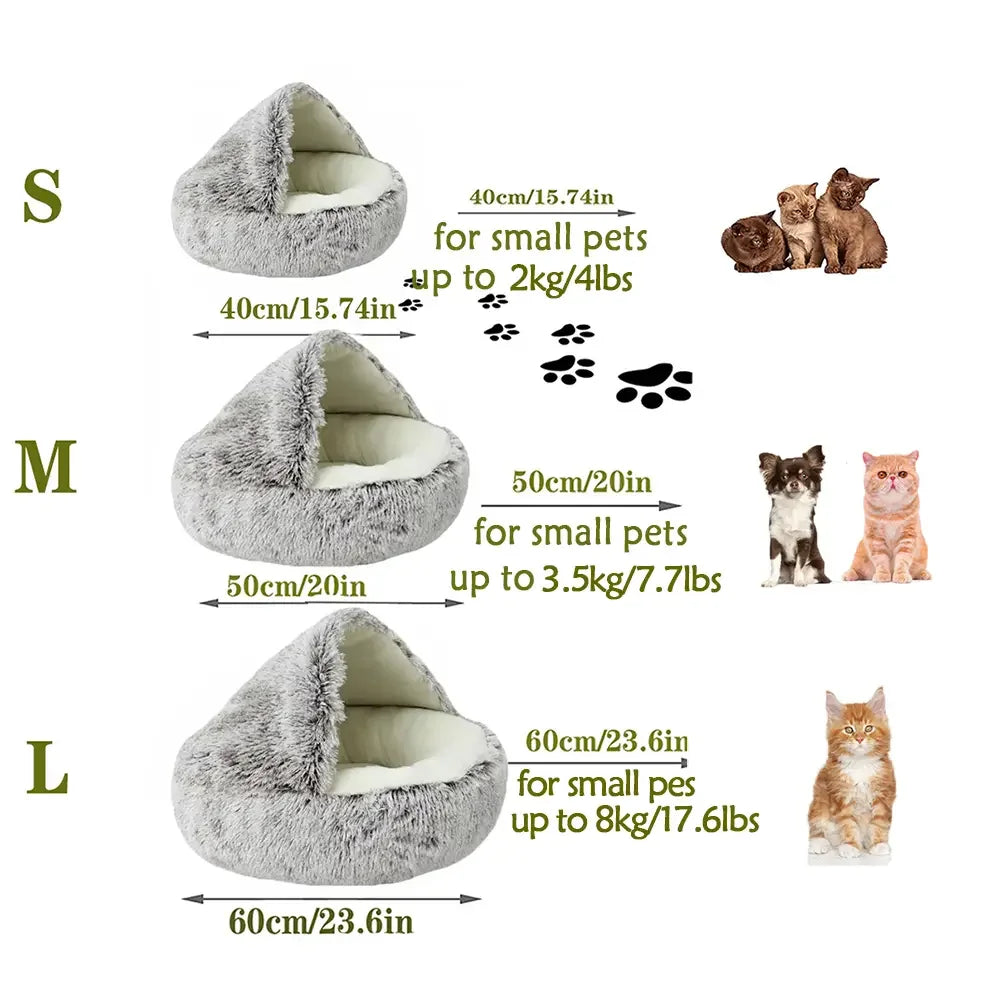 Comparison of different sizes of a cozy hooded cat bed. The image shows S, M, and L sizes with corresponding dimensions and weight recommendations for small pets.