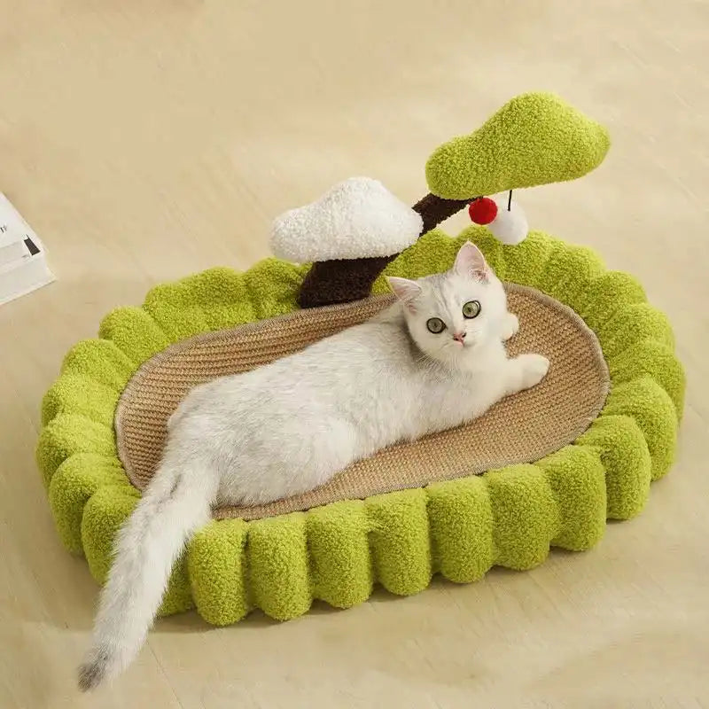 Cat relaxing on scratcher bed with comfortable design and lounging area for cats