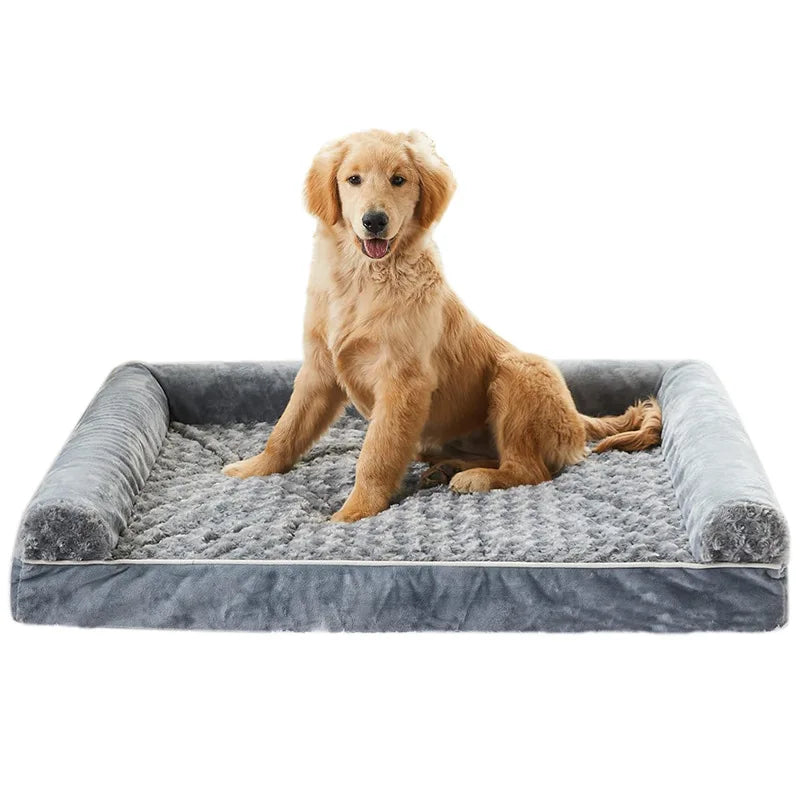 A medium-sized dog comfortably sitting on the Luxury Plush Dog Sofa Bed, showcasing its plush design and cosy feel