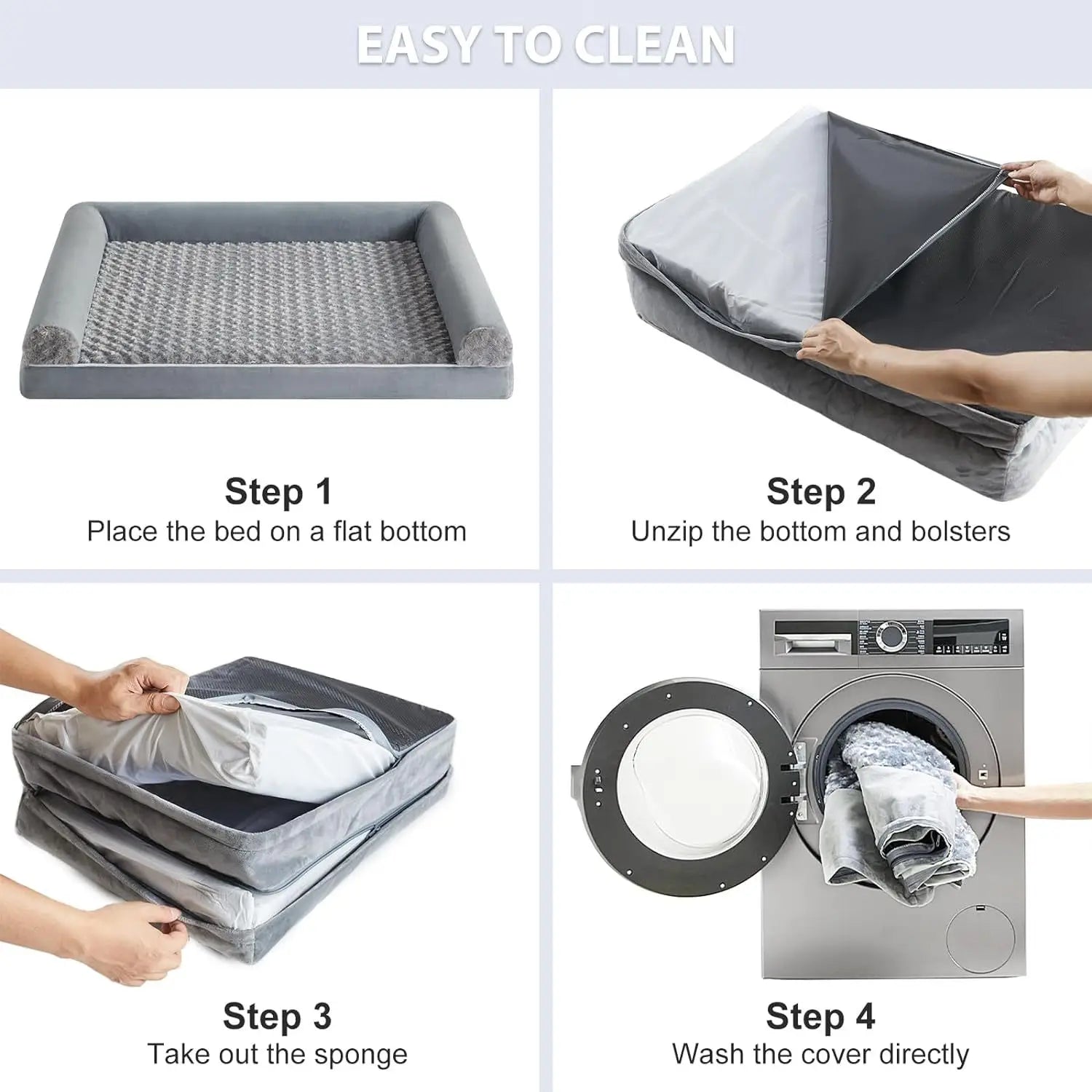 Easy-to-clean process for the Luxury Plush Dog Sofa Bed displayed in 4 steps: Step 1 - Place the bed on a flat bottom; Step 2 - Unzip the bottom and bolsters; Step 3 - Remove the sponge; Step 4 - Wash the cover directly