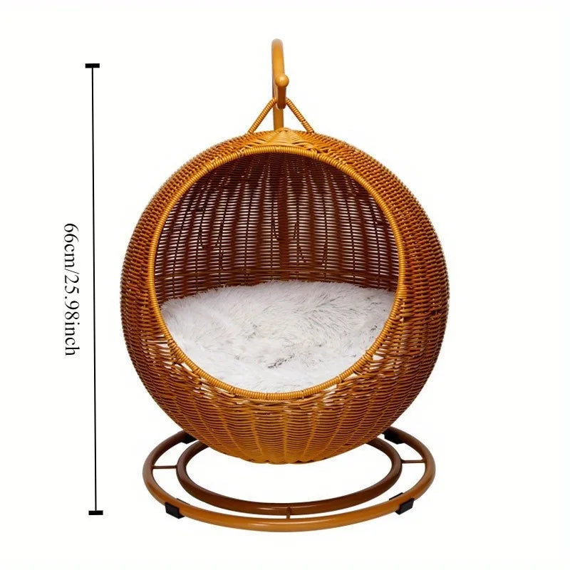 Rattan cat swing bed with dimensions shown: 66cm (25.98 inches) in height.