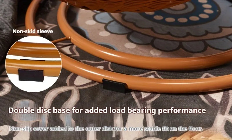 Close-up of the double-disc base of the rattan cat swing bed, featuring non-skid sleeves for enhanced stability and load-bearing performance on any floor surface.