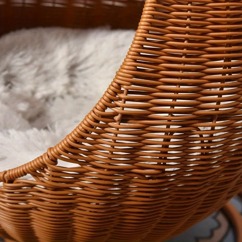 Close-up of the soft, washable rattan hammock and plush cushion inside the cat swing bed.