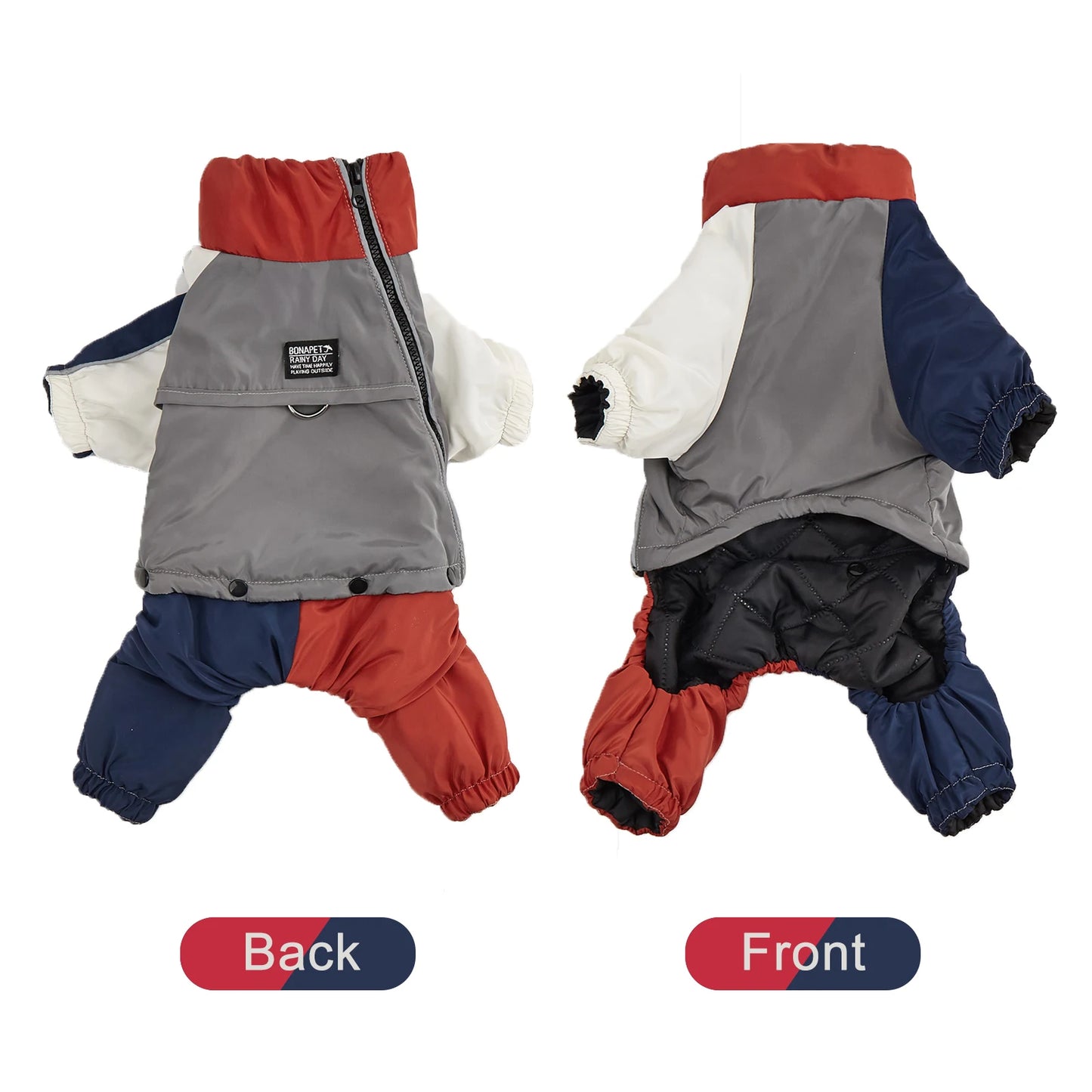 Red, Blue, Grey & White - front and back view of a winter dog jacket showcasing its design and fit