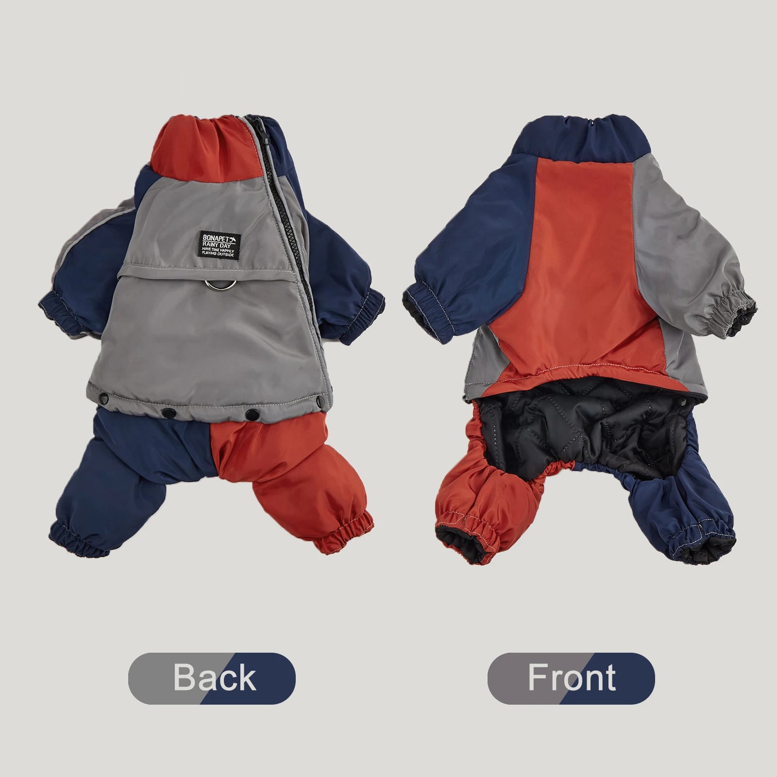 Red, Blue & Grey - front and back view of a winter dog jacket showcasing its design and fit