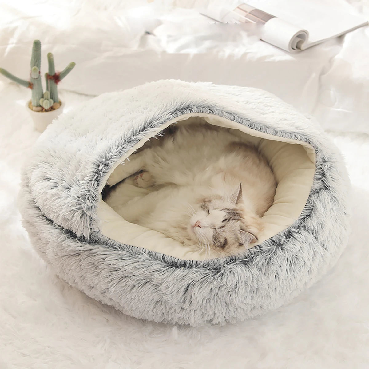 A cat sleeping soundly in a round, plush cat bed with a cave-like entrance, providing a cozy and secure den for relaxation and comfort.