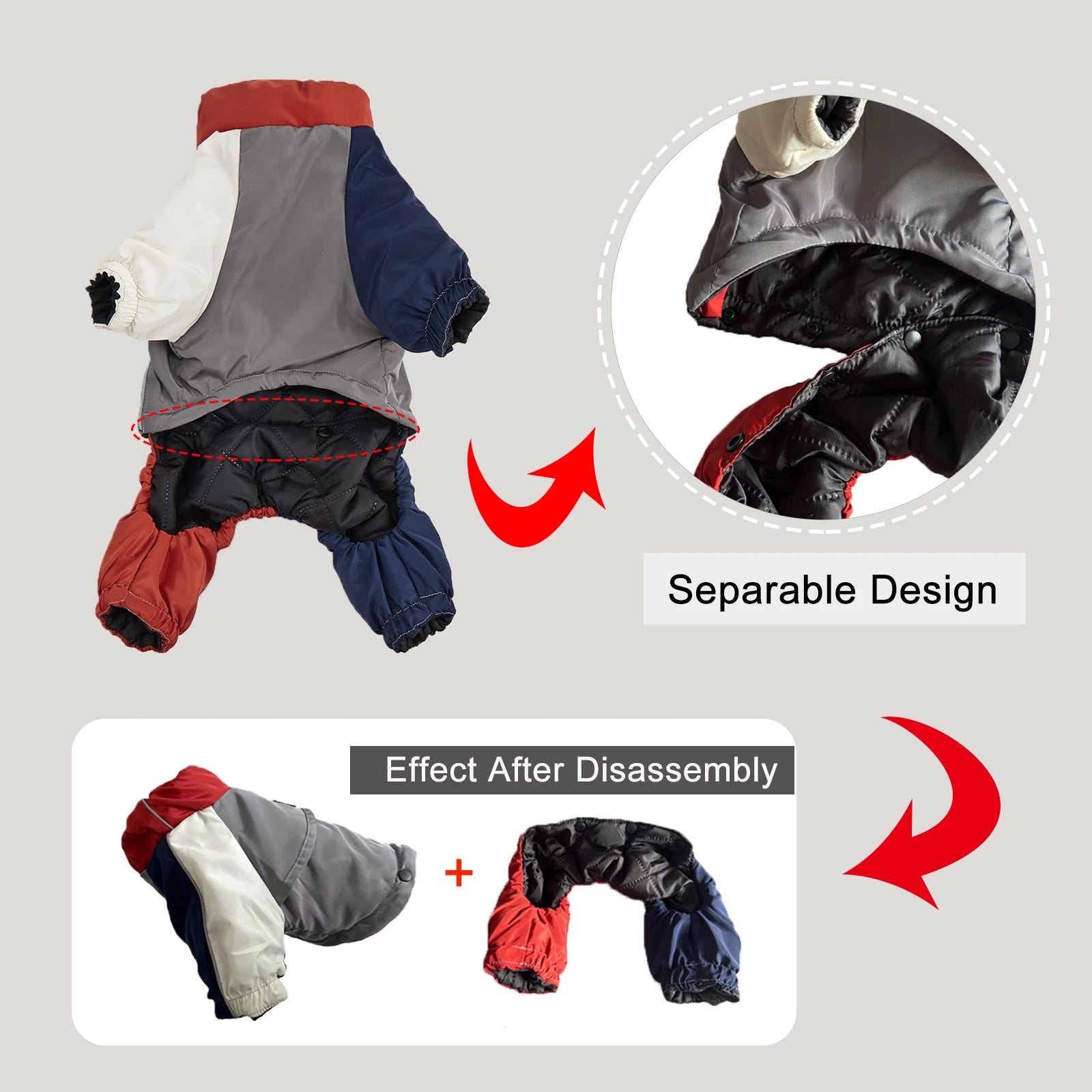 Separable design of the winter dog jacket for versatile use