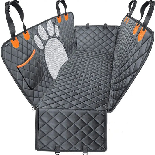 A waterproof dog car seat cover in hammock style with a quilted design, featuring a visual mesh window, side flaps, and orange accents for durability and pet safety.