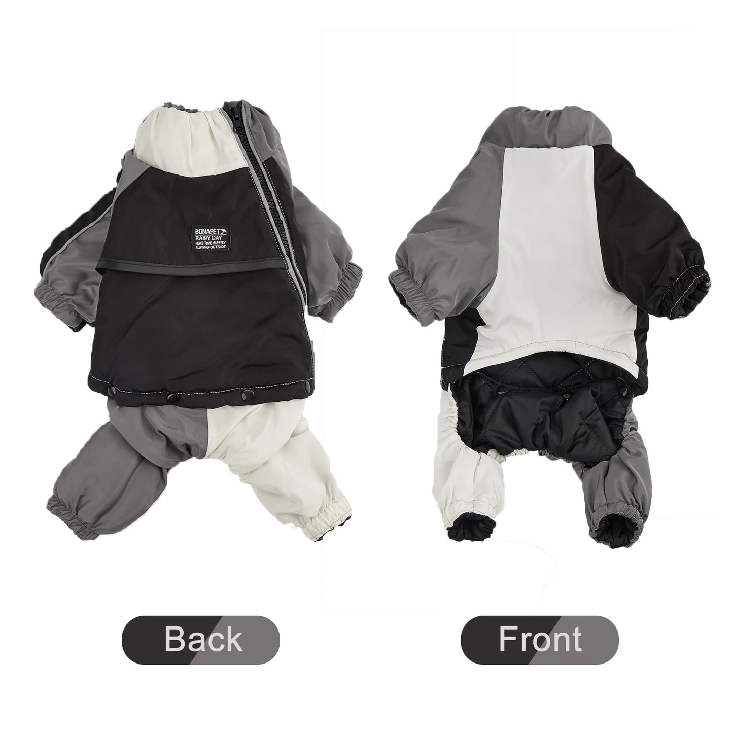 White and Grey front and back view of a winter dog jacket showcasing its design and fit